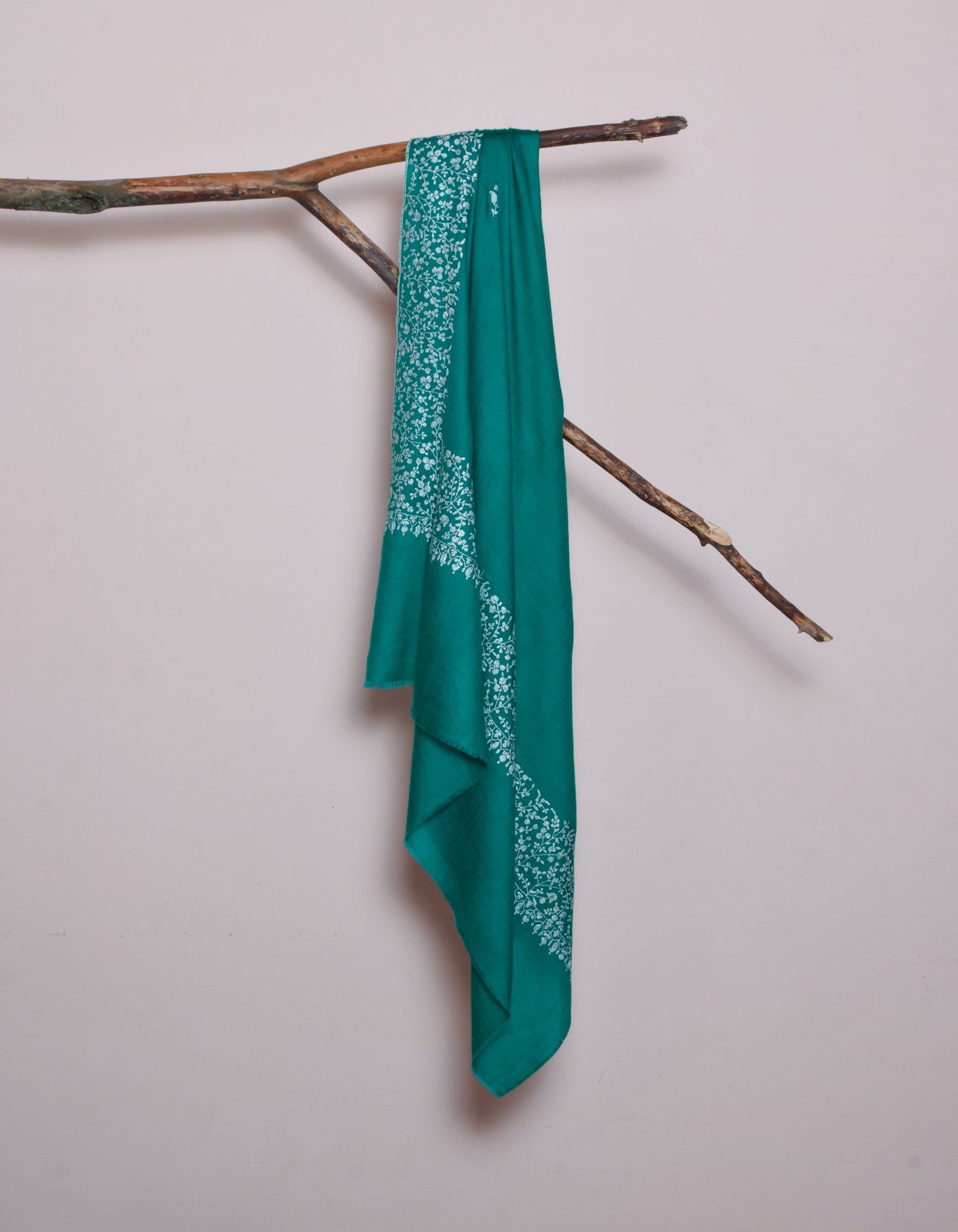 Stone Green Handwoven Sozni Border Embroidered Cashmere Pashmina Shawl