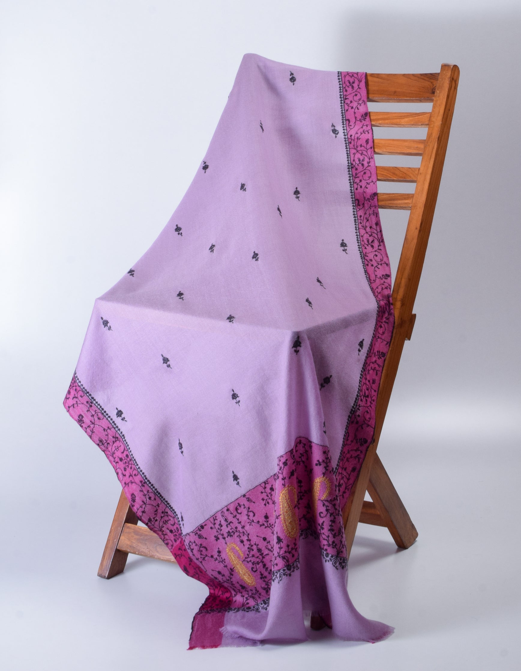 Light Lavender Handwoven Sozni Border Embroidered Cashmere Pashmina Stole - Kashmir Box