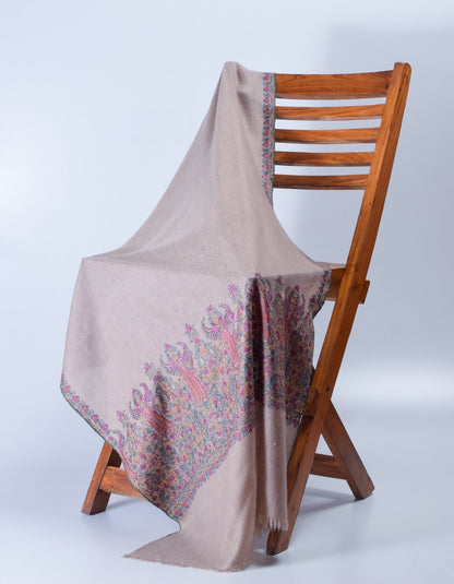 Greyish Beige Handwoven Sozni Palla Embroidered Cashmere Pashmina Stole