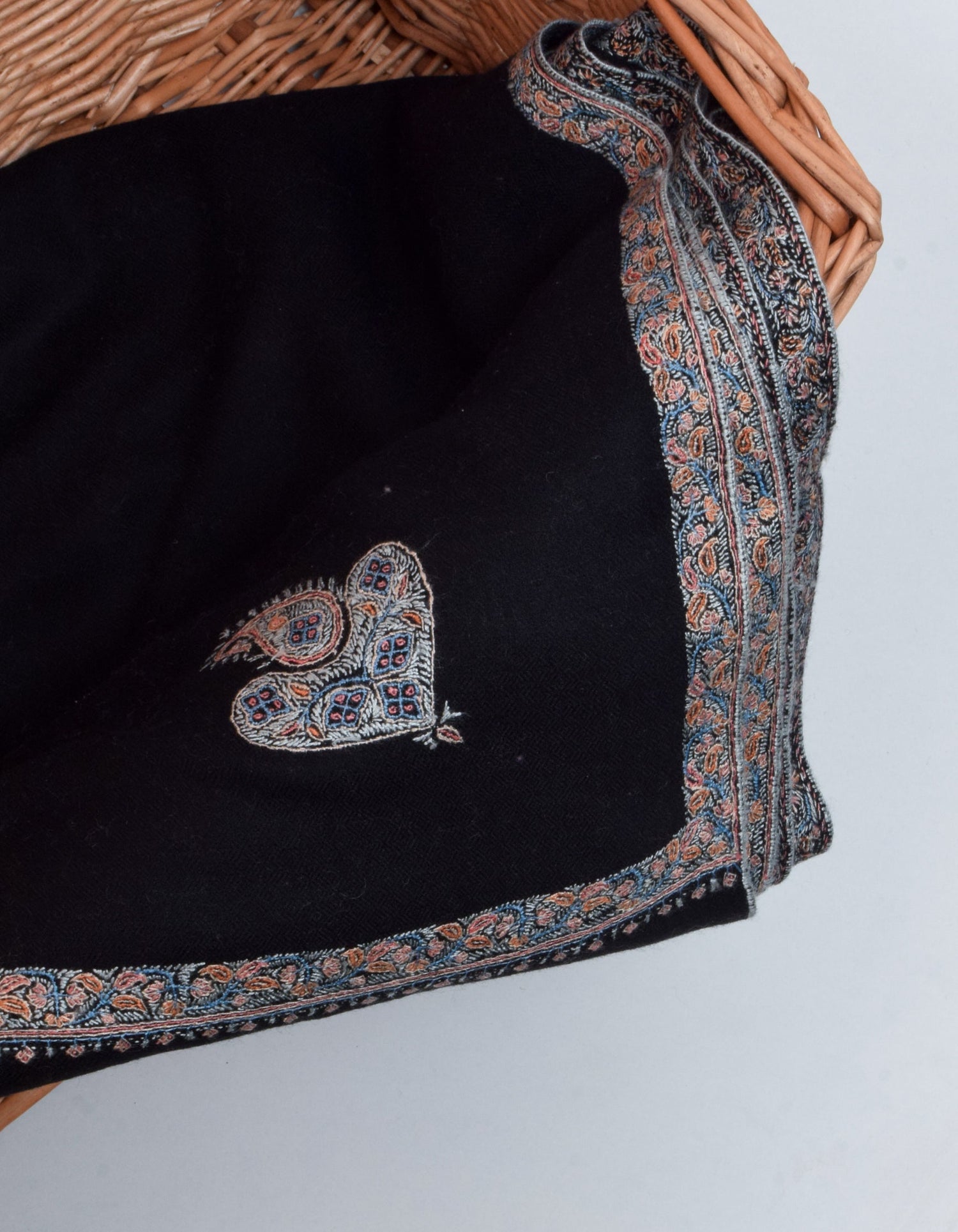 Classic Jet Black Handwoven Multicolour Sozni Embroidered Men’s Cashmere Pashmina Shawl