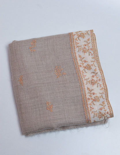 Toosha Brown Handwoven Sozni Border Embroidered Cashmere Pashmina Shawl