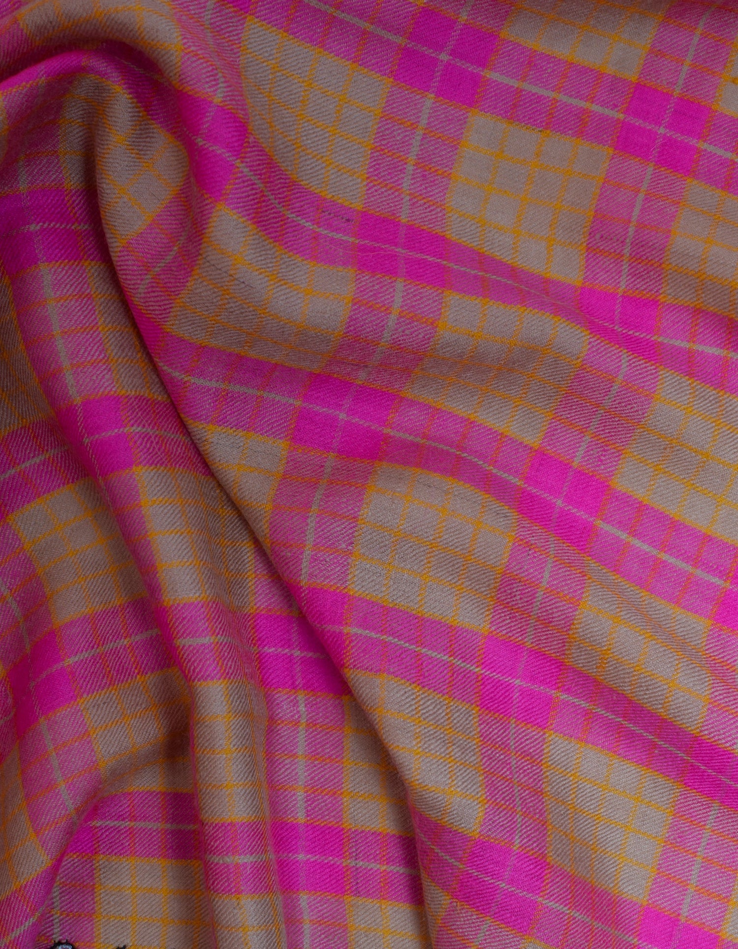 Modern Beige Pink Check Handwoven Sozni Palla Embroidered Cashmere Pashmina Stole