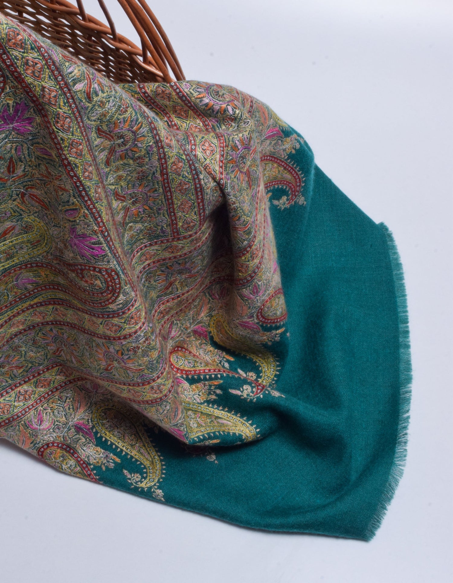 Teal Green Handwoven Sozni Jaali Embroidered Cashmere Pashmina Shawl