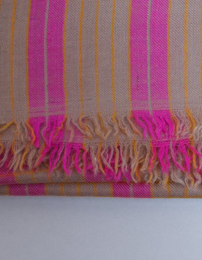 Modern Beige Pink Check Handwoven Sozni Palla Embroidered Cashmere Pashmina Stole