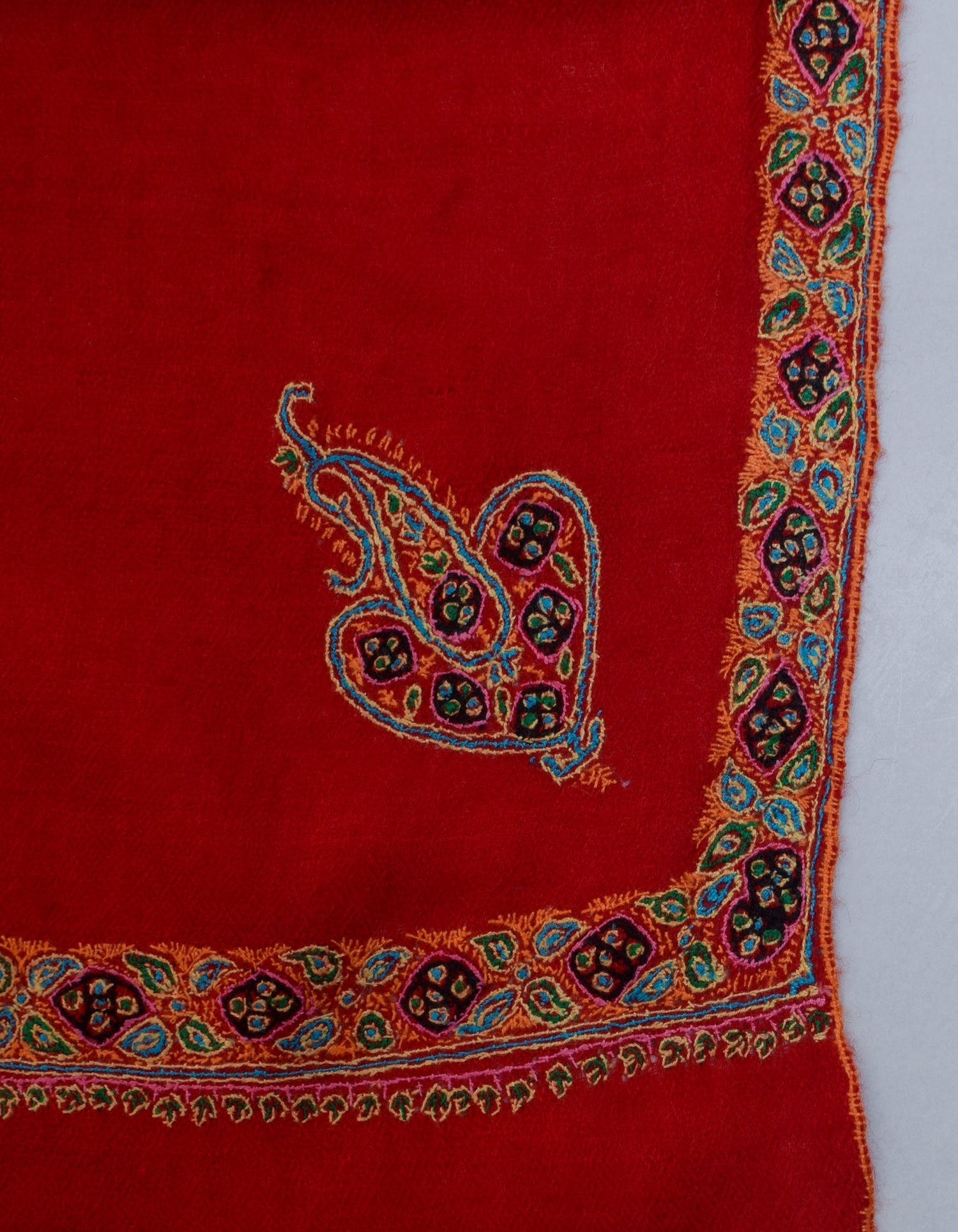 Bright Red Handwoven Sozni Border Embroidered Cashmere Pashmina Stole