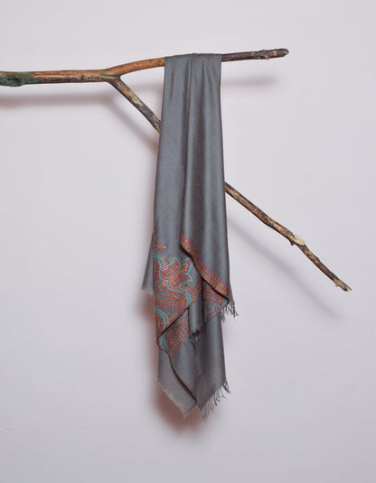 Davy Grey  Handwoven Sozni Palla Embroidered Cashmere Pashmina Stole