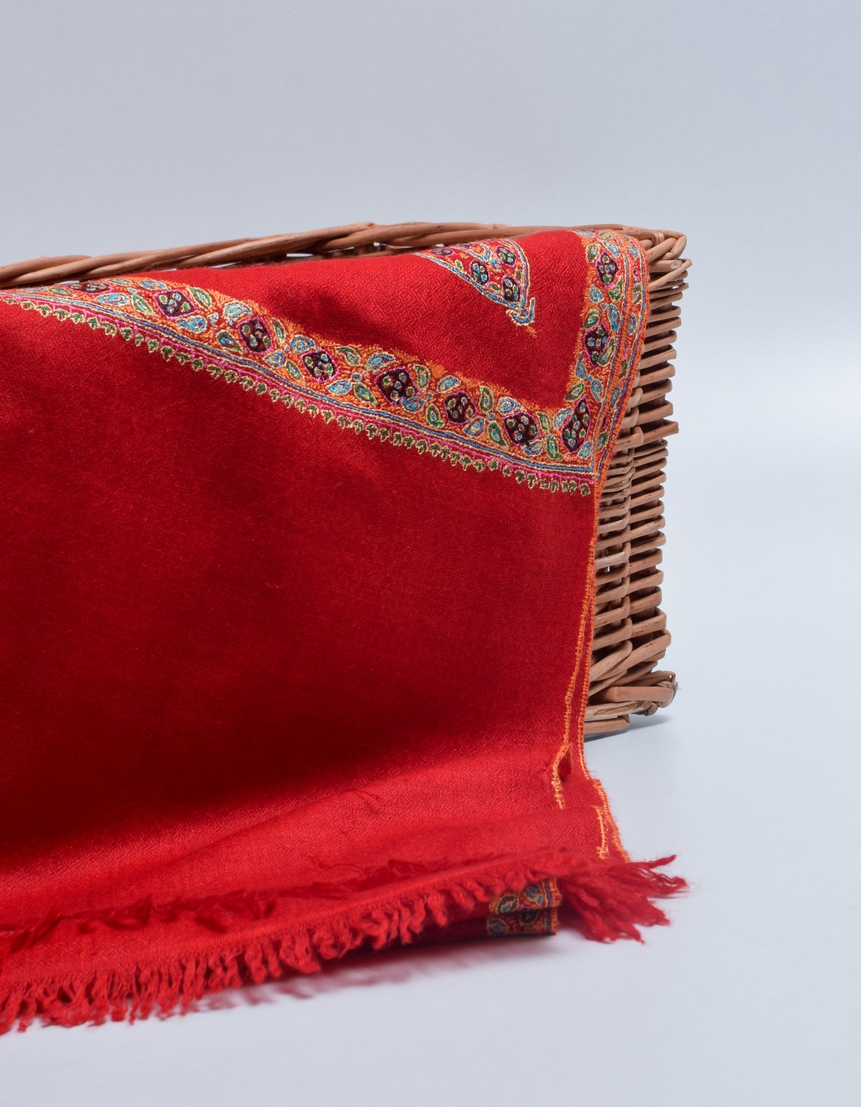 Bright Red Handwoven Sozni Border Embroidered Cashmere Pashmina Stole