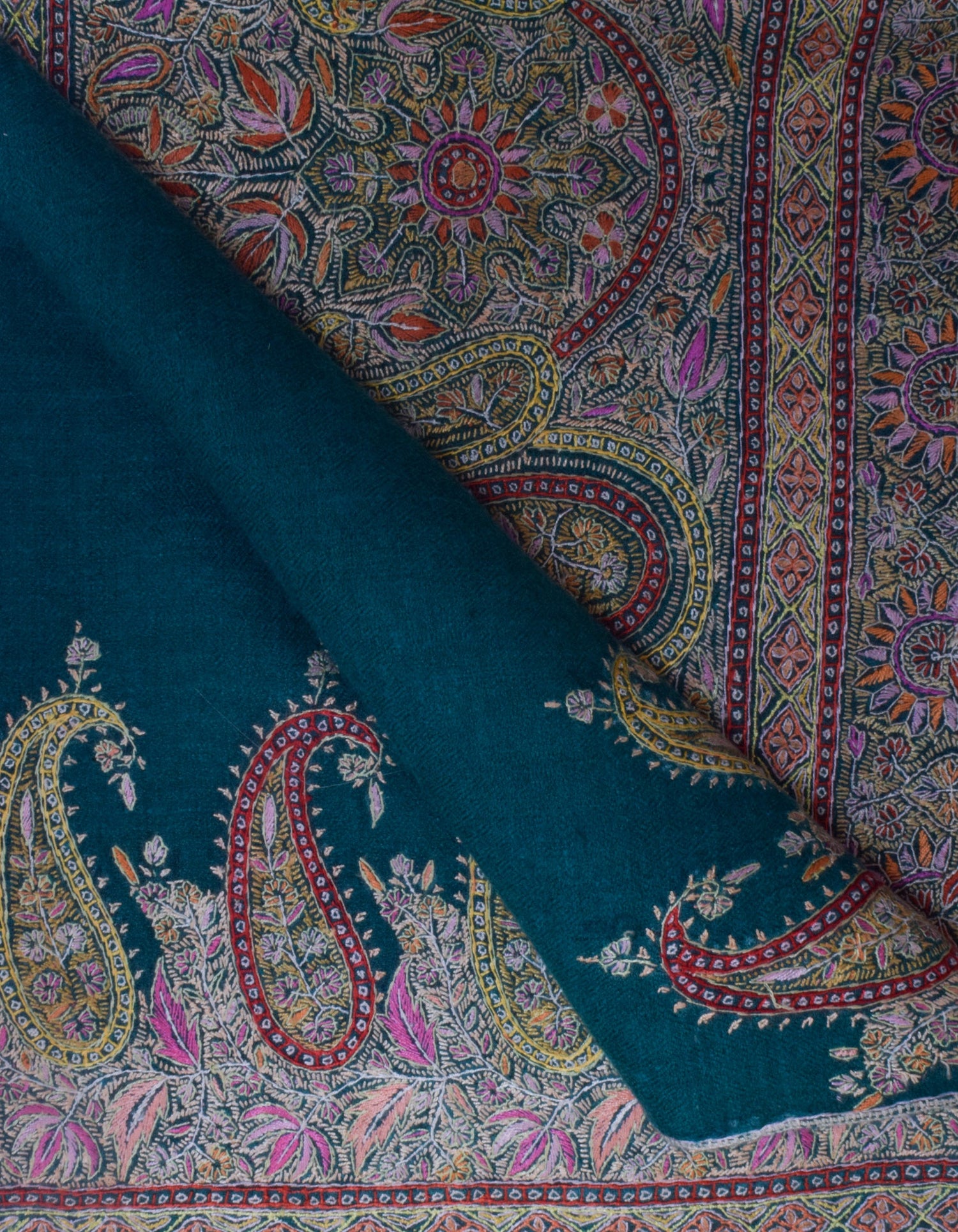 Teal Green Handwoven Sozni Jaali Embroidered Cashmere Pashmina Shawl