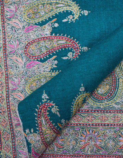 Teal Green Handwoven Sozni Jaali Embroidered Cashmere Pashmina Shawl