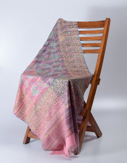 Modern Grey Pink Stripes Handwoven Sozni Embroidered Cashmere Pashmina Stole - Kashmir Box