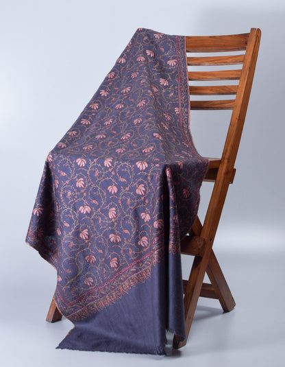 Bluish Grey Handmade Sozni Certified Jaali Embroidered Cashmere Pashmina Stole - Kashmir Box