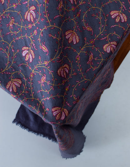 Bluish Grey Handmade Sozni Certified Jaali Embroidered Cashmere Pashmina Stole - Kashmir Box