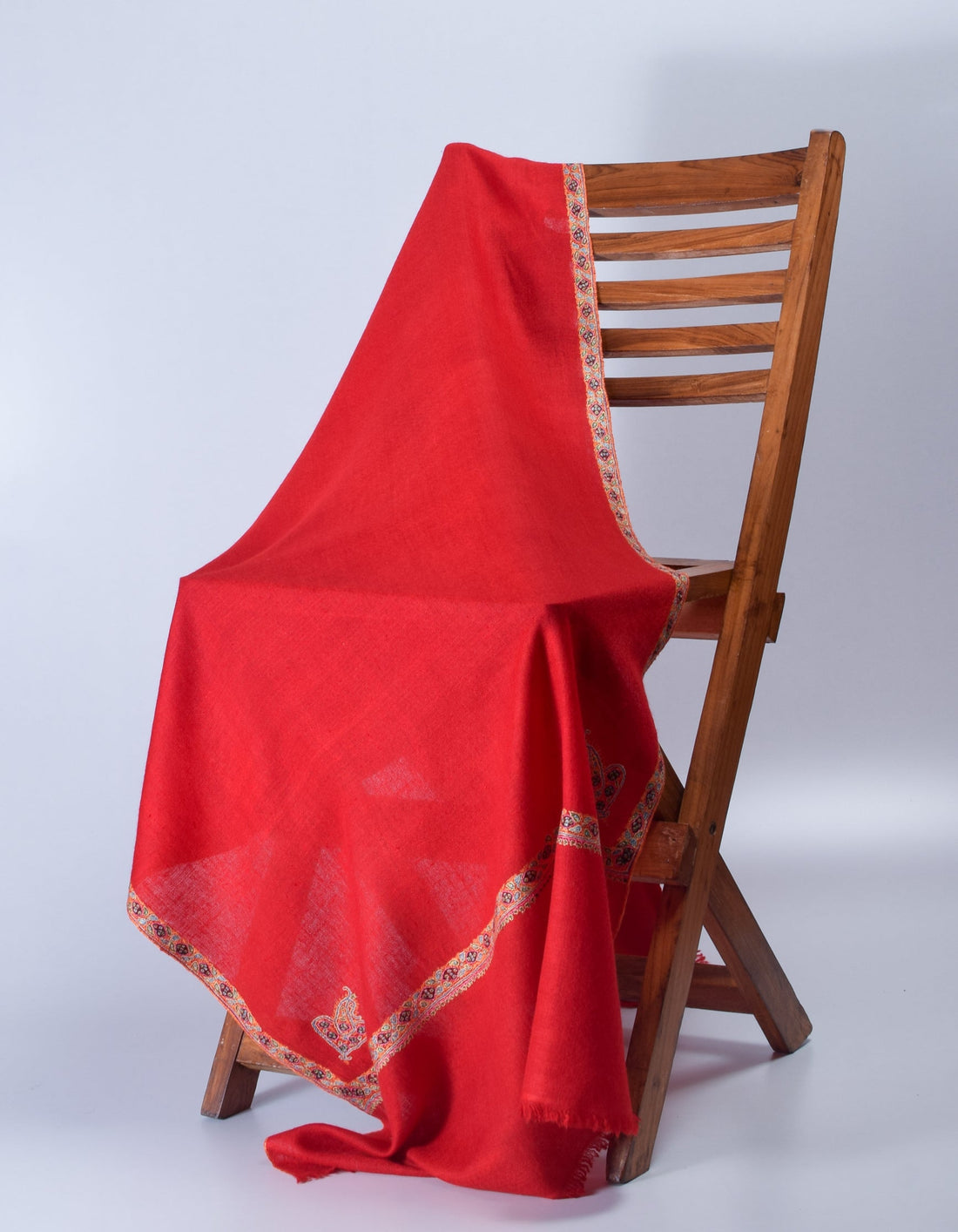 Bright Red Handwoven Sozni Border Embroidered Cashmere Pashmina Stole