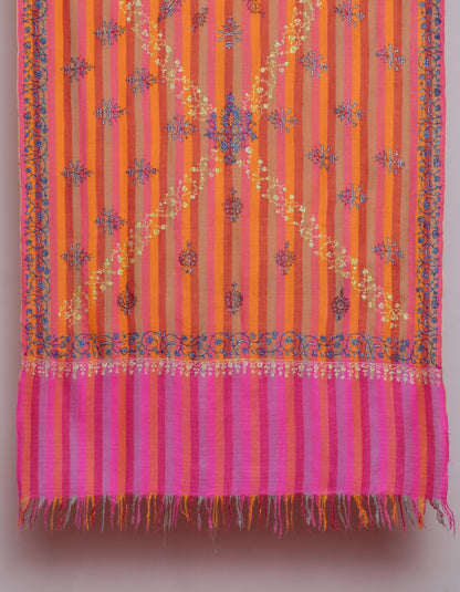 Modern Multicoloured Stripes Handwoven Sozni Embroidered Cashmere Pashmina Stole