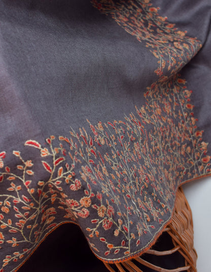 Steel Grey Handwoven Border Embroidered Cashmere Pashmina Shawl