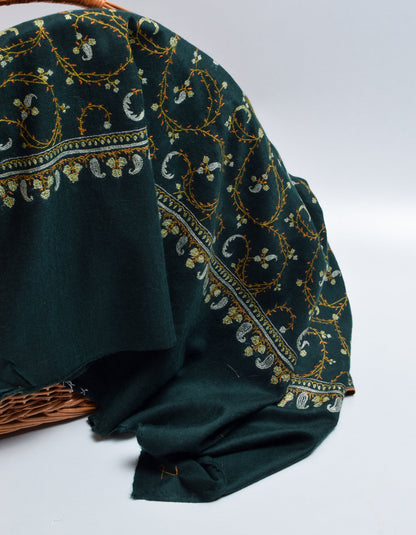 Dark Green Handwoven Sozni Jaali Embroidered Cashmere Pashmina Shawl