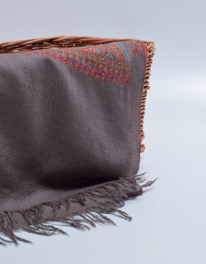 Davy Grey  Handwoven Sozni Palla Embroidered Cashmere Pashmina Stole - Kashmir Box
