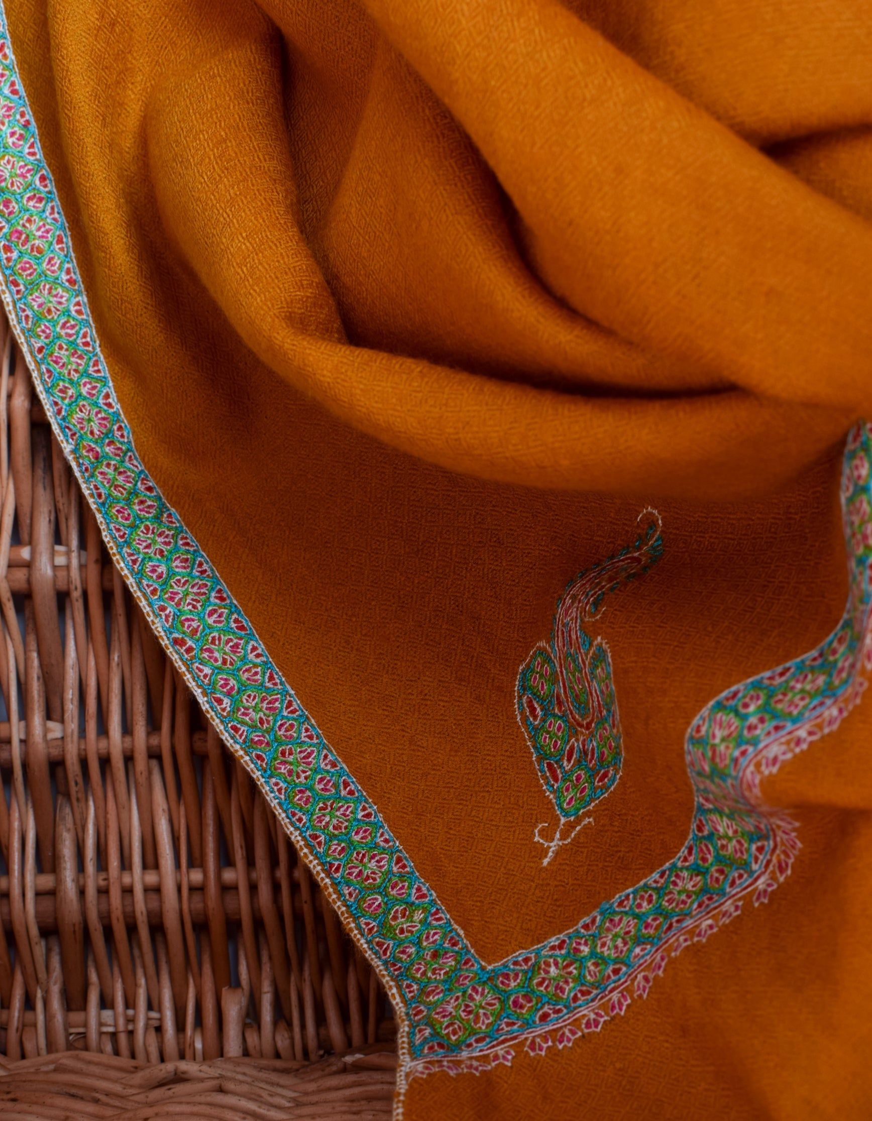 Mustard Handmade Sozni Certified Embroidered Cashmere Pashmina Stole