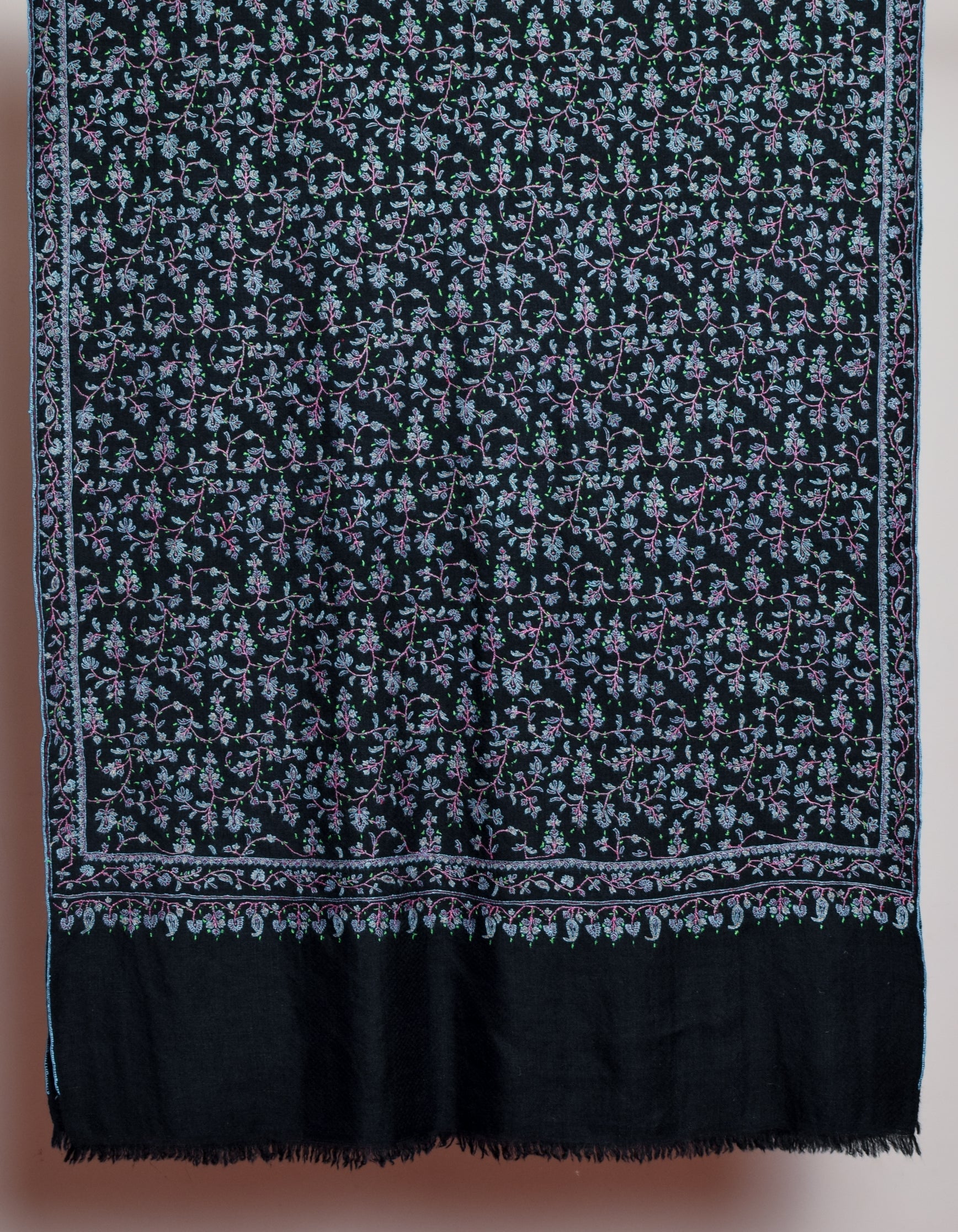 Black Handwoven Multicolour Jaali Sozni Embroidered Cashmere Pashmina Stole