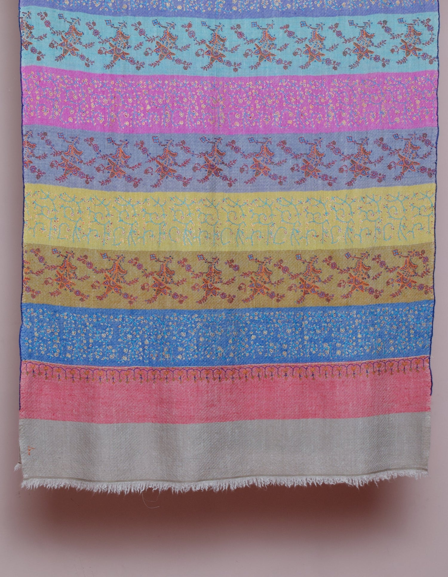 Modern Multicolour Stripes Handwoven Dual Design Embroidered Cashmere Pashmina Stole