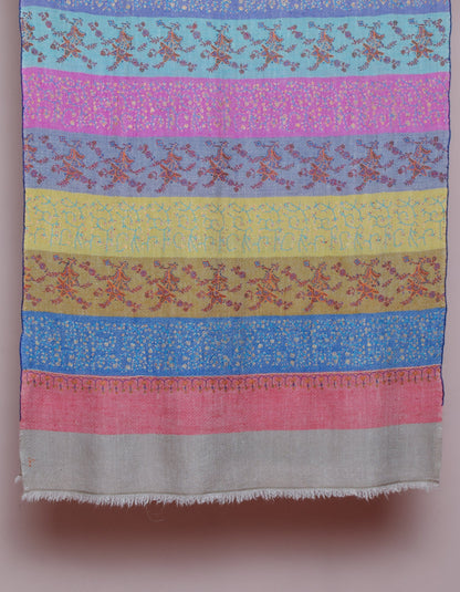 Modern Multicolour Stripes Handwoven Dual Design Embroidered Cashmere Pashmina Stole