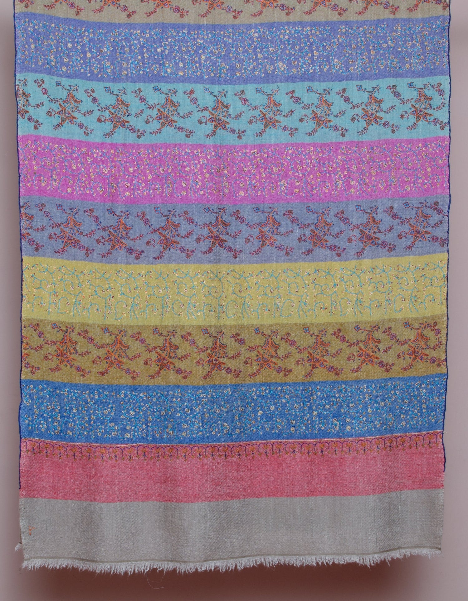 Modern Multicolour Stripes Handwoven Dual Design Embroidered Cashmere Pashmina Stole