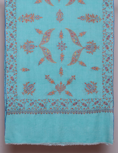 Seafoam Green Handwoven Sozni Floral Embroidered Cashmere Pashmina Stole