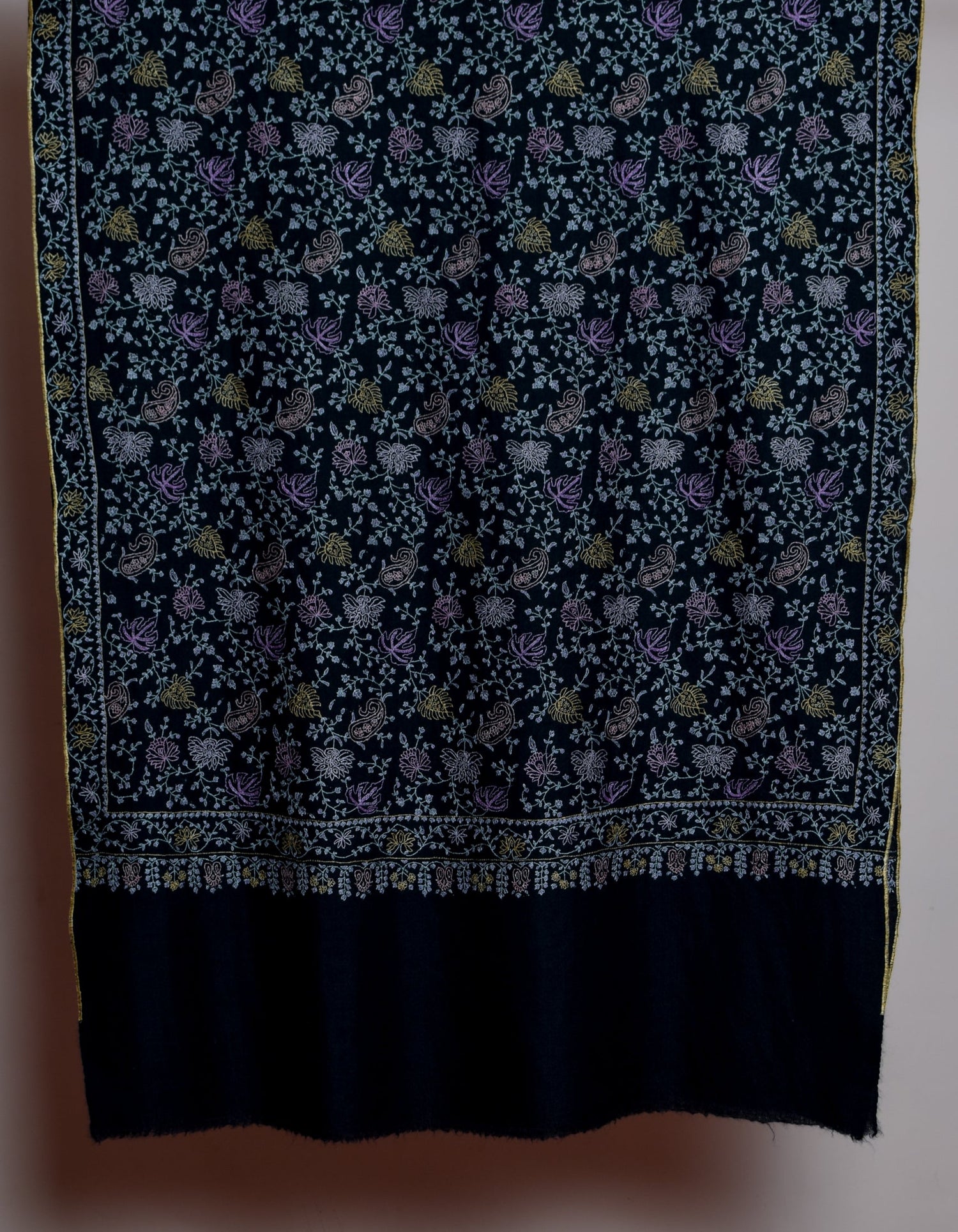 Jet Black Handwoven Multicolour Sozni Jaali Embroidered Cashmere Pashmina Stole