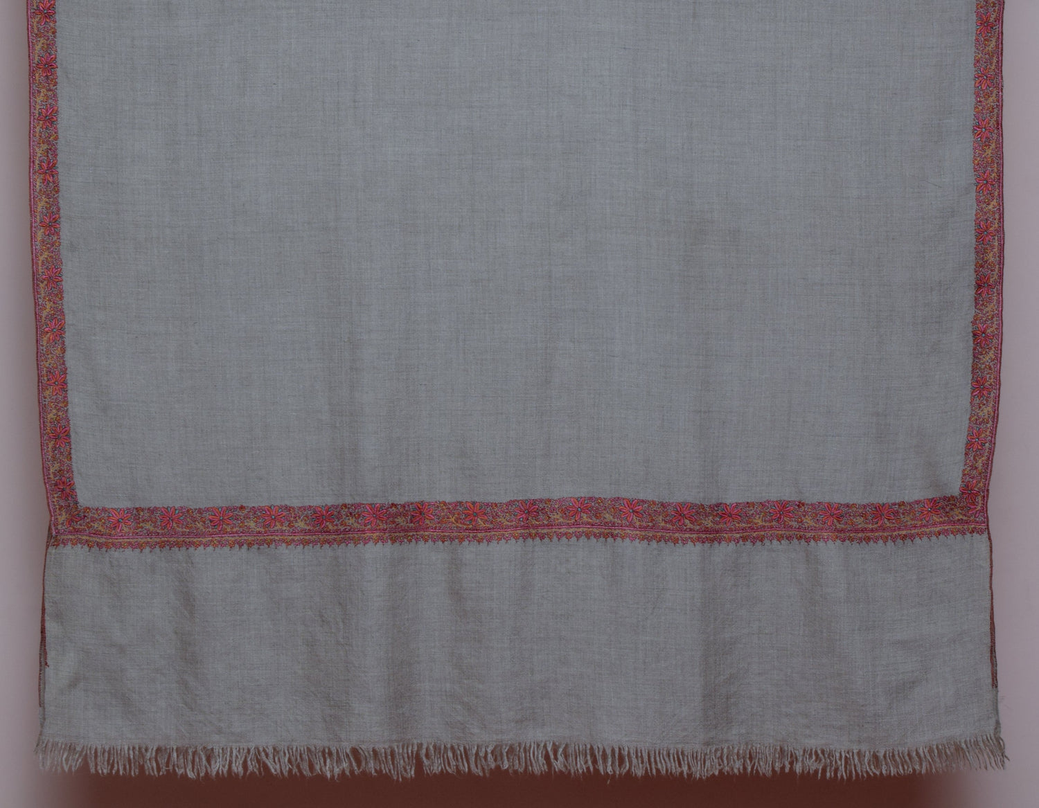 Grey-Brown Handmade Sozni Certified Border Embroidered Cashmere Pashmina Shawl