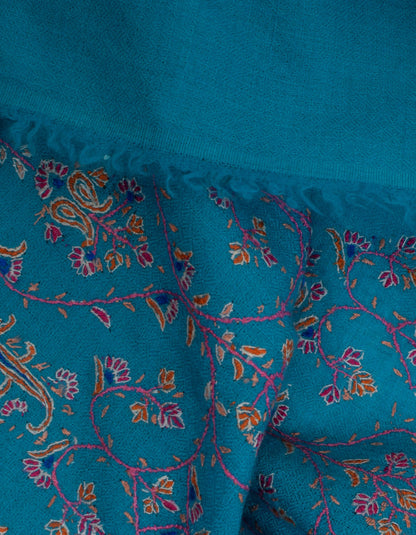 Deep Sky Blue Handwoven Sozni Jaali Embroidered Cashmere Pashmina Stole