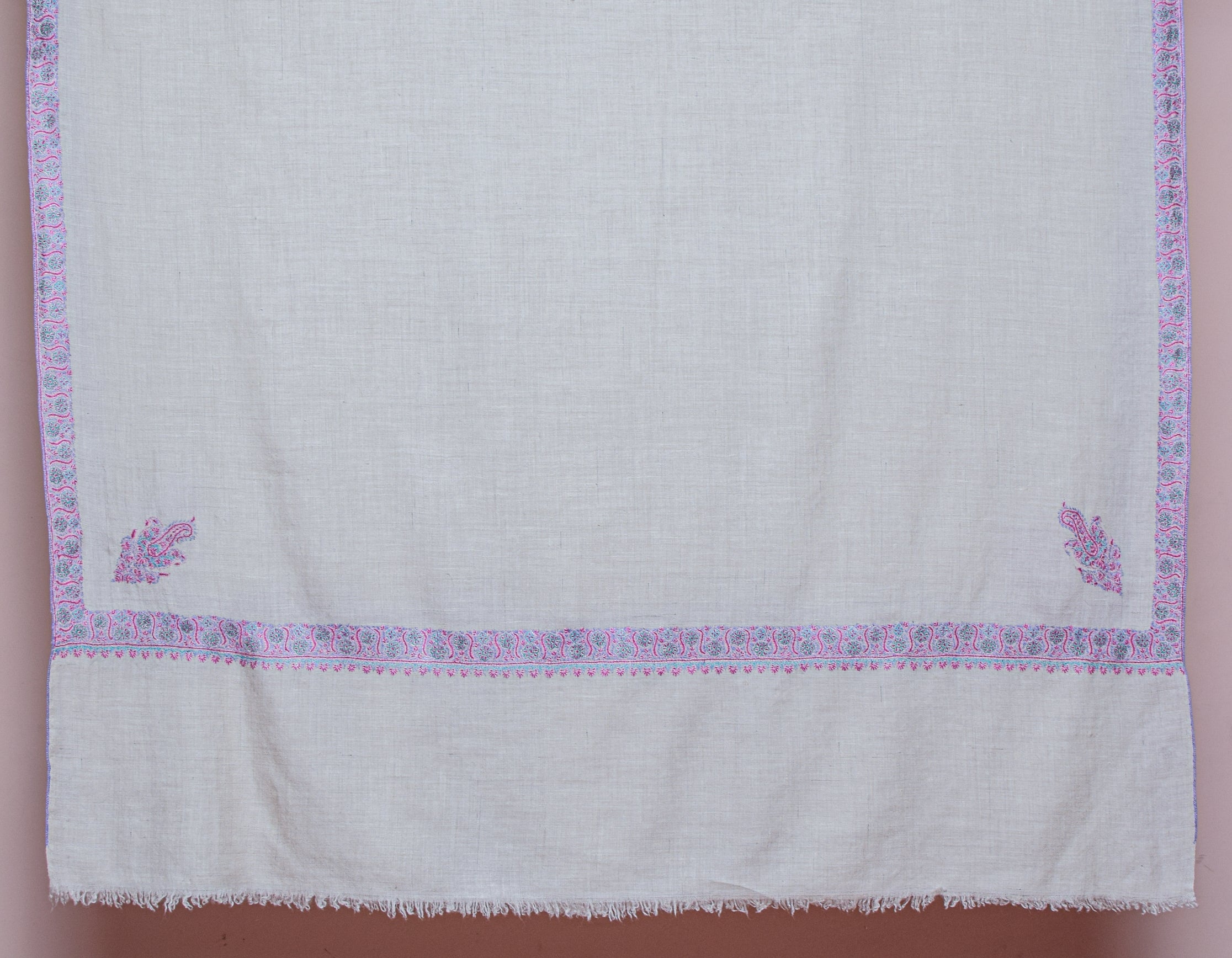 Natural Cream Handwoven Floral Border Sozni Embroidered Cashmere Pashmina Shawl