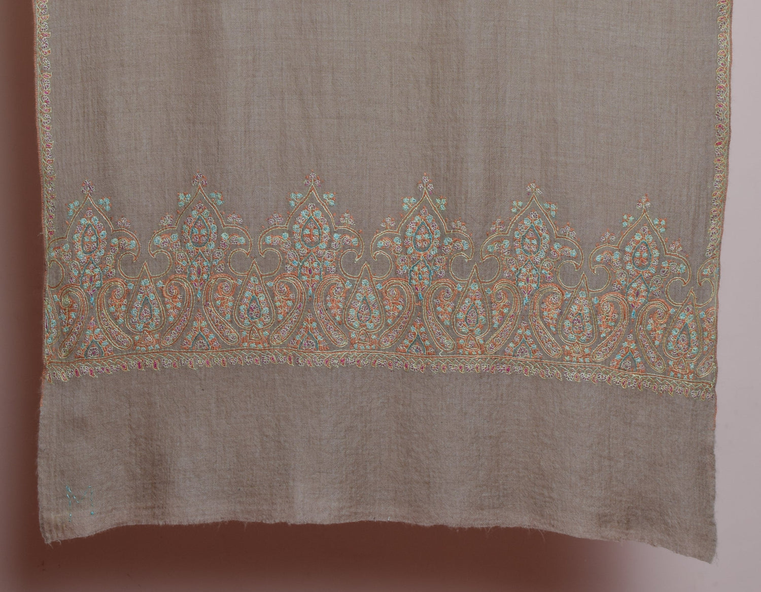 Brownish-grey Handwoven Border Palla  Embroidered Cashmere Pashmina Stole