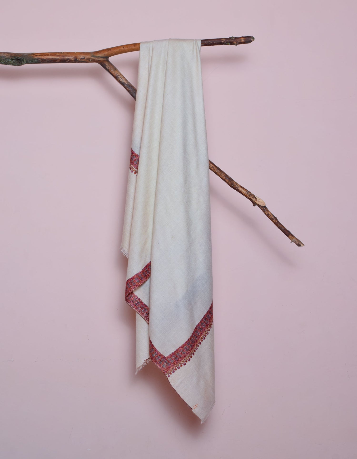 Natural Light Beige Handwoven Sozni Border Embroidered Cashmere Pashmina Shawl - Kashmir Box