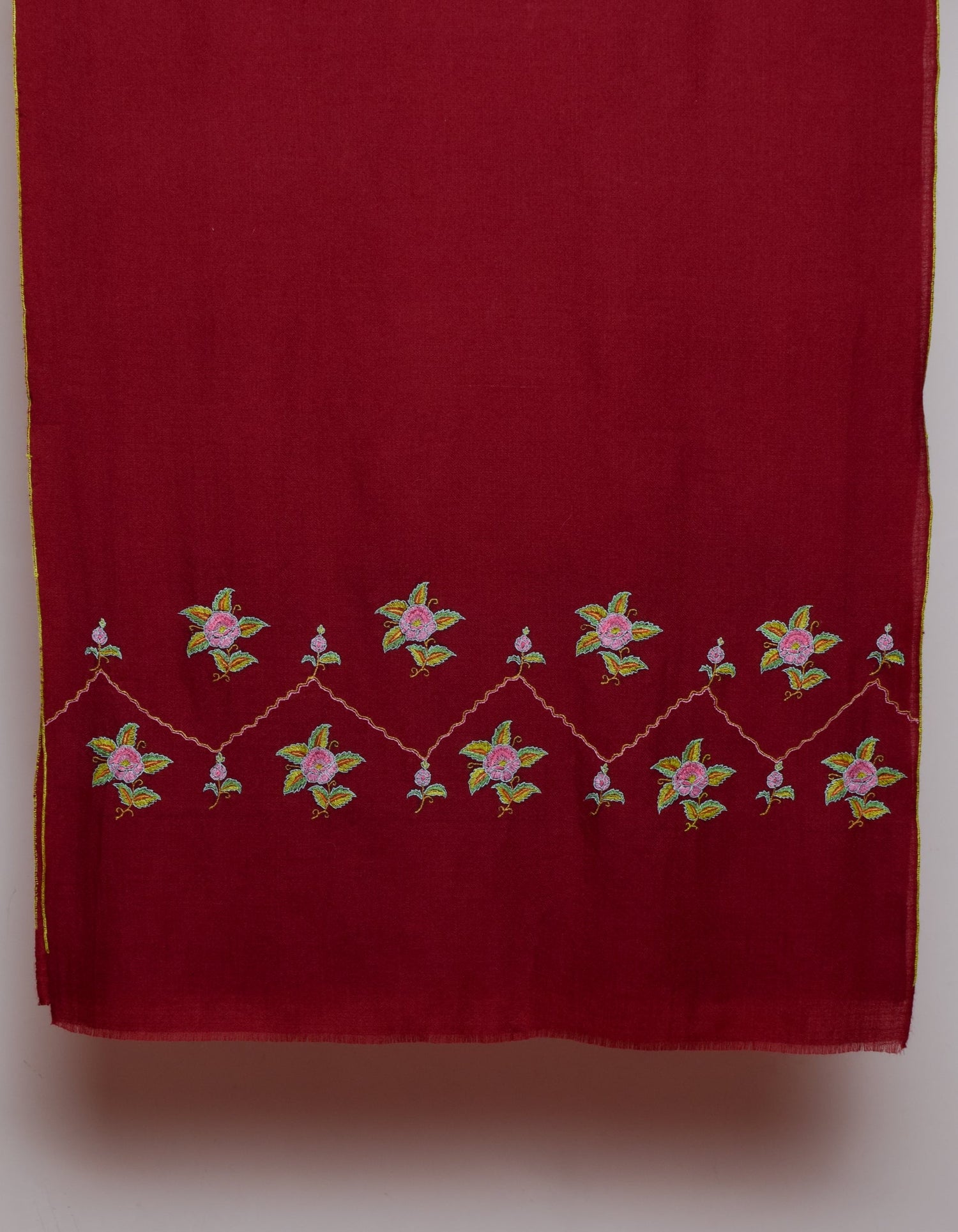 Deep Maroon Handwoven Border Palla Embroidered Cashmere Pashmina Stole