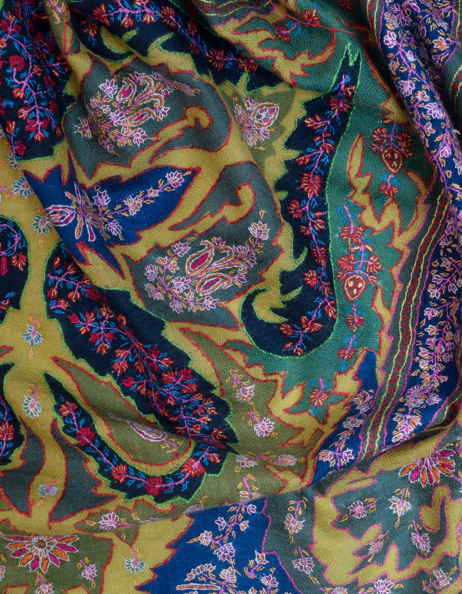 Light Olive Handmade Jamawar Sozni Certified Cashmere Pashmina Stole - Kashmir Box