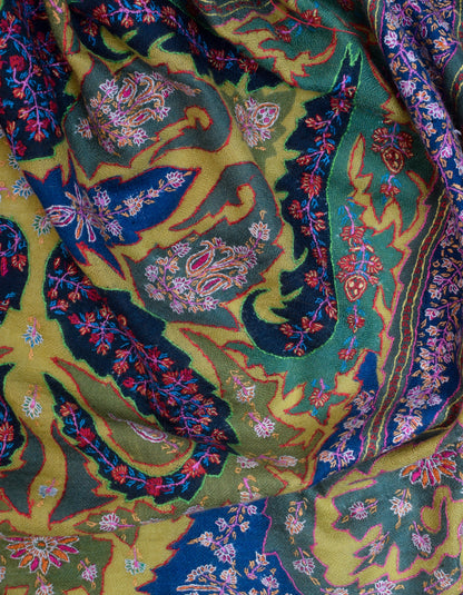 Light Olive Handmade Jamawar Sozni Certified Cashmere Pashmina Stole - Kashmir Box