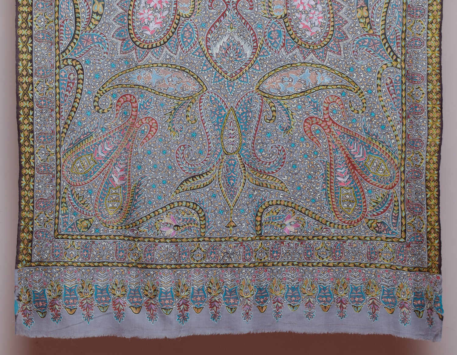 Cool Grey Handwoven Kalamkari Sozni Embroidered Cashmere Pashmina Shawl