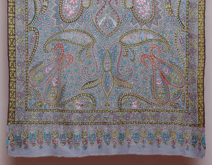 Cool Grey Handwoven Kalamkari Sozni Embroidered Cashmere Pashmina Shawl