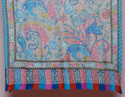 Pastel Grey Handwoven Kalamkari Sozni Embroidered Cashmere Pashmina Shawl