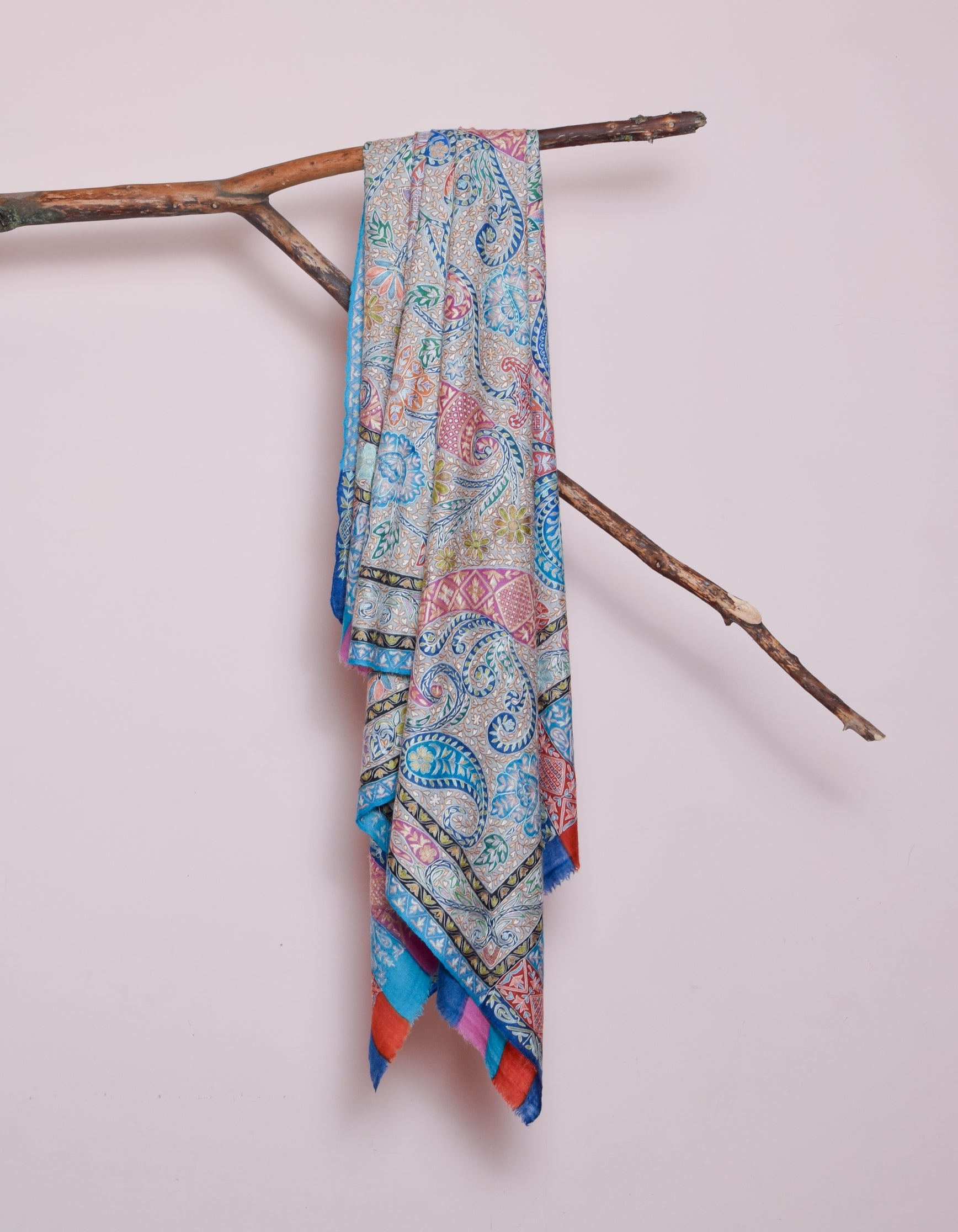 Pastel Grey Handwoven Kalamkari Sozni Embroidered Cashmere Pashmina Shawl