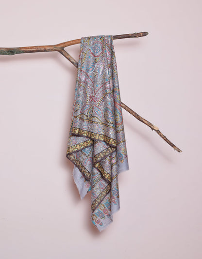 Cool Grey Handwoven Kalamkari Sozni Embroidered Cashmere Pashmina Shawl