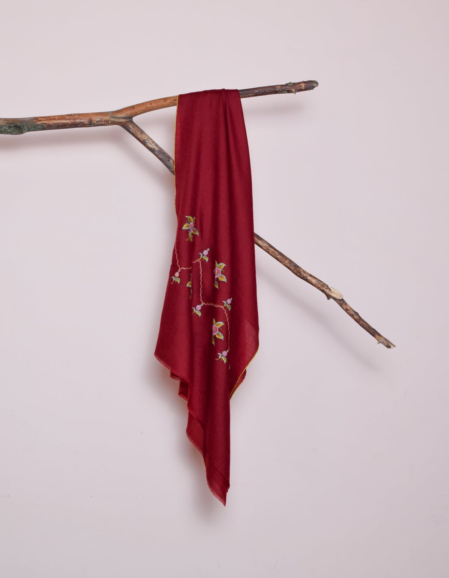 Deep Maroon Handwoven Border Palla Embroidered Cashmere Pashmina Stole - Kashmir Box