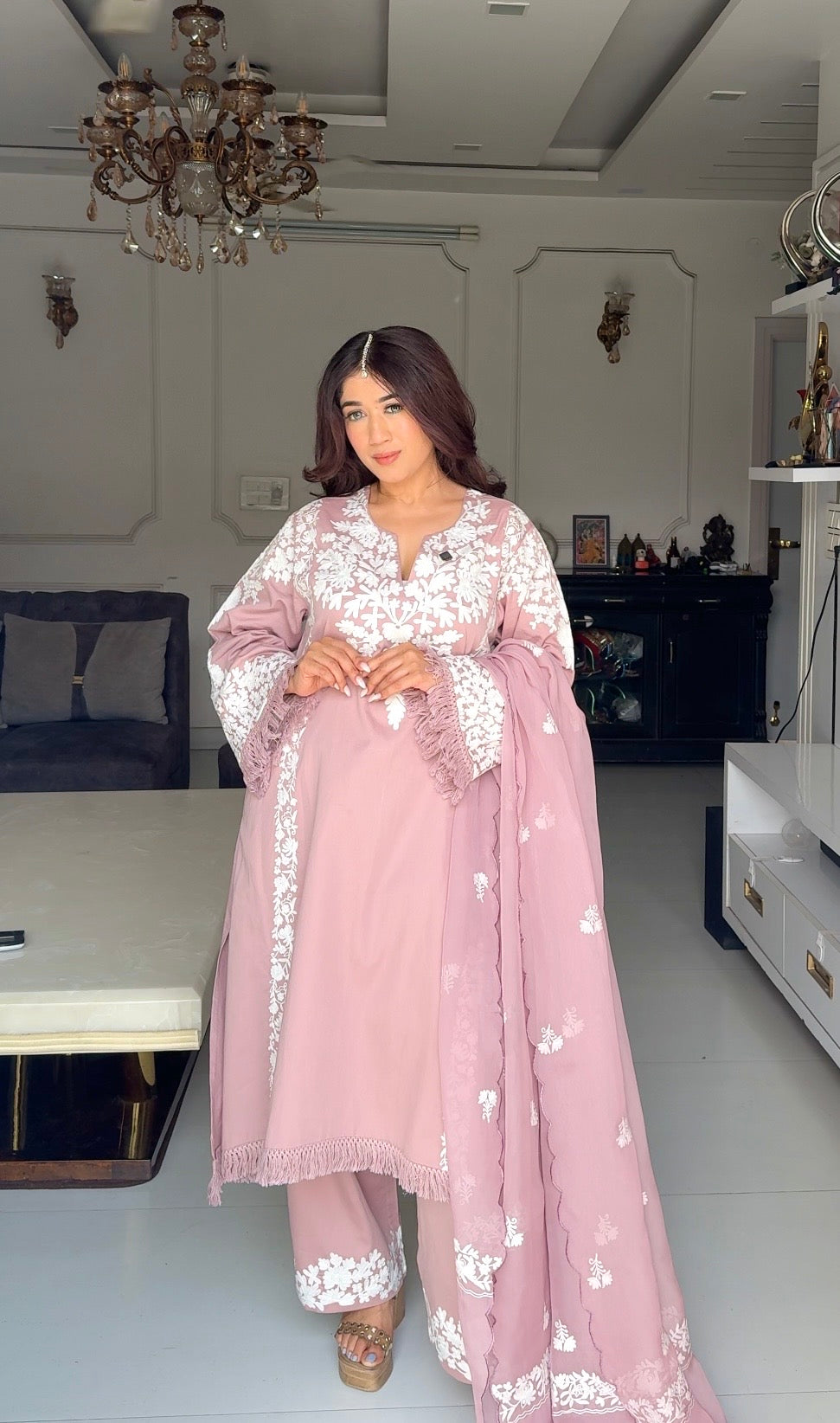 Mauve Cotton Satin Suit Set with Fine Aari Embroidery & Organza Dupatta — Bulbul Collection | Kashmiri Summer Festive Wear