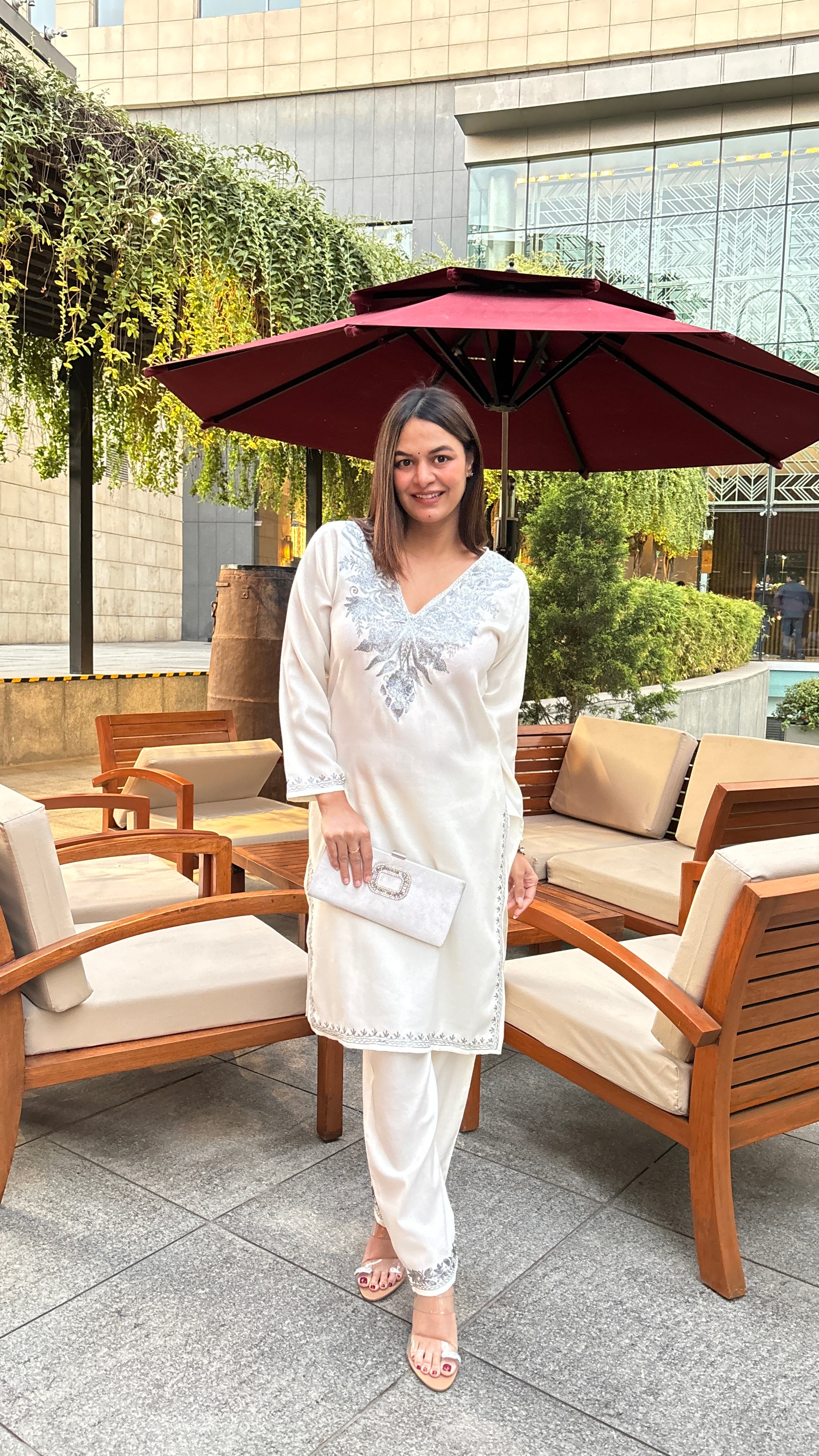 meHER Cream White Kashmiri Silver Zari Woollen Co-ord Set