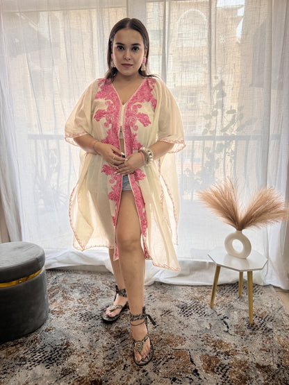 White Aari Embellished Summer Cotton Kaftan - Kashmir Box