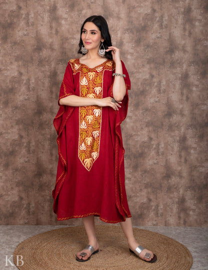 Long Neck Maroon Embroidered Kaftan