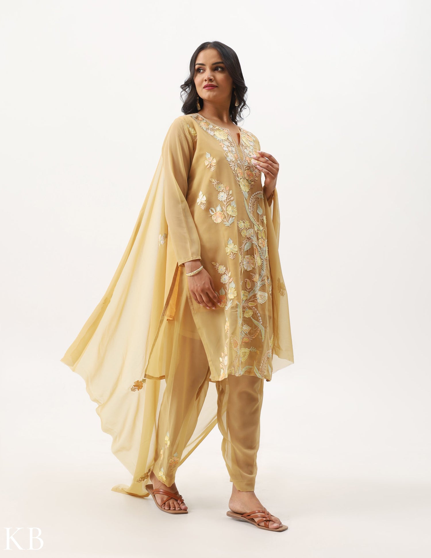 Khaki Beige Three-Piece Aari Work Georgette Suit - Kashmir Box