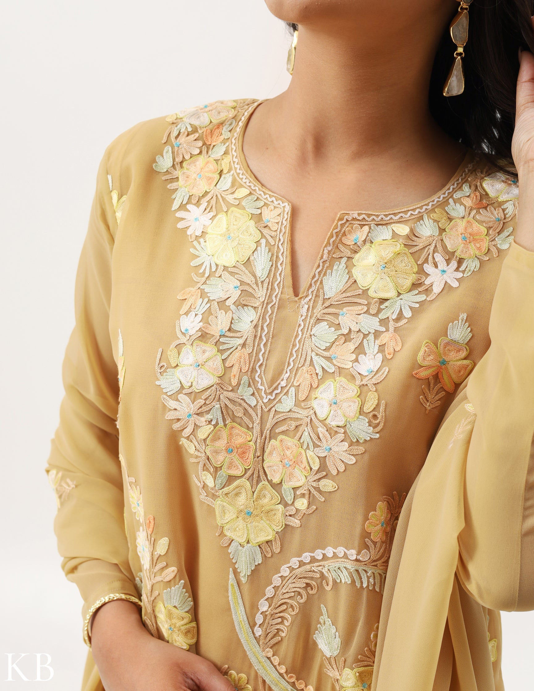 Khaki Beige Three-Piece Aari Work Georgette Suit - Kashmir Box