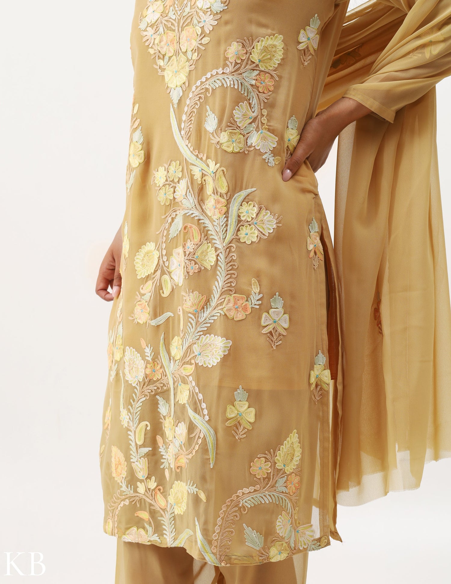 Khaki Beige Three-Piece Aari Work Georgette Suit - Kashmir Box