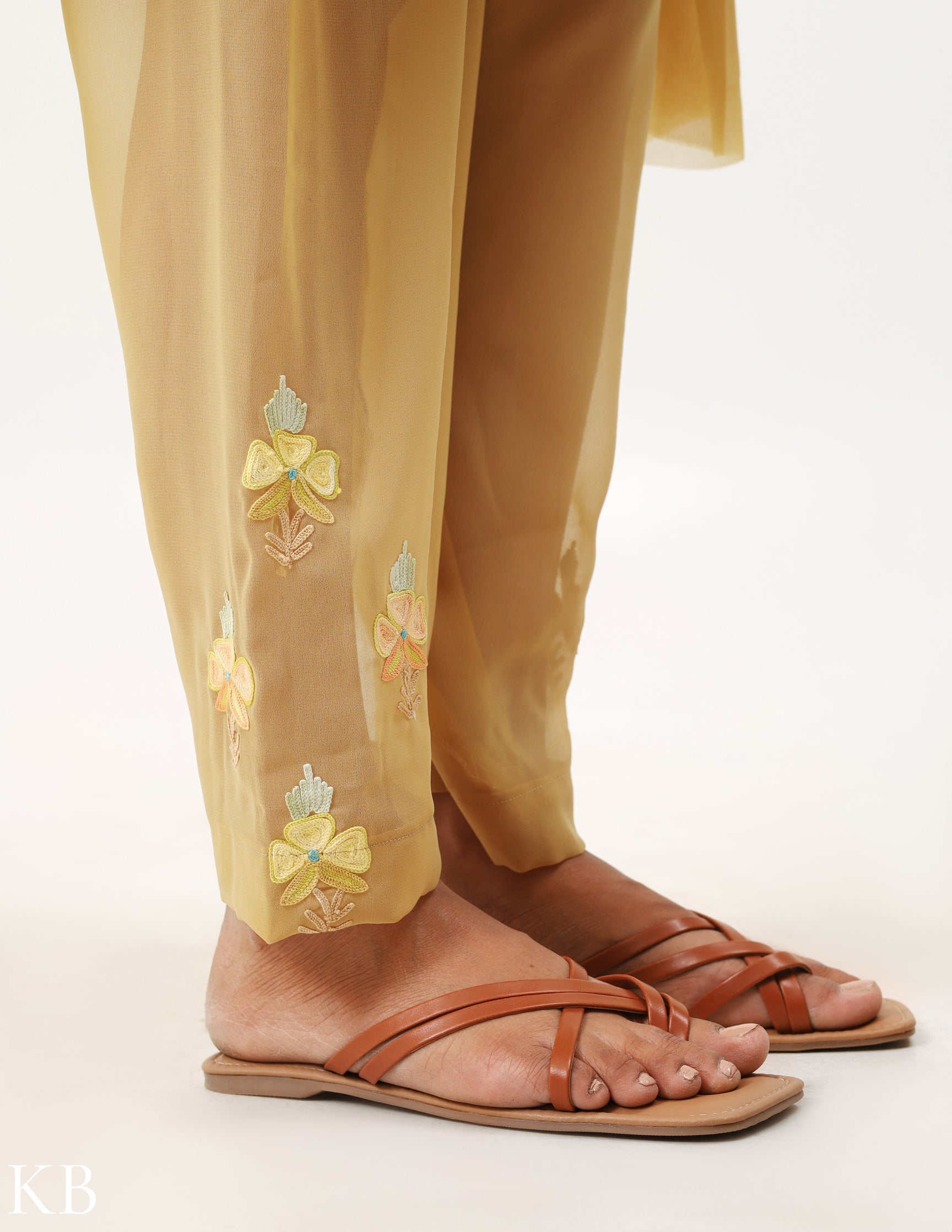 Khaki Beige Three-Piece Aari Work Georgette Suit - Kashmir Box